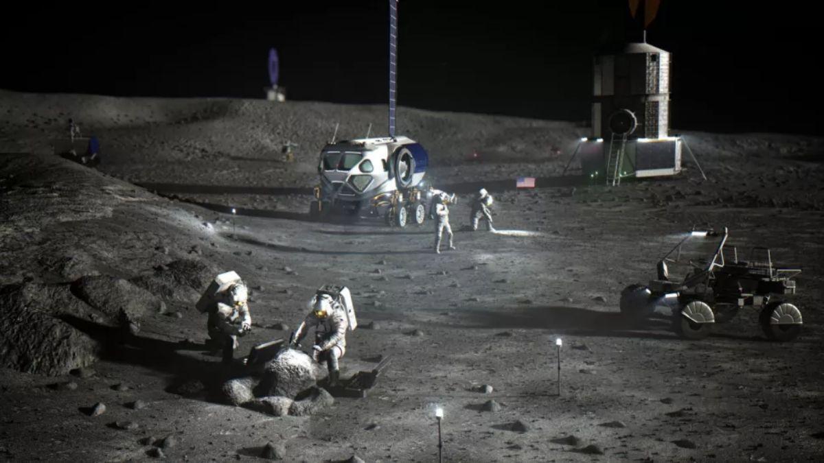 Recreación artística de una futura exploración de un sitio cerca del polo sur de la Luna, en el marco de la misión Artemis.