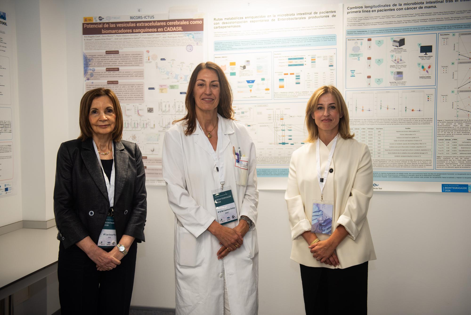 Desde la izquierda, las doctoras Luz Couce (IDIS), Mar Castellanos (Inibic) y Eva Poveda (IIS Galicia Sur), este jueves, en el Hospital Universitario de A Coruña.