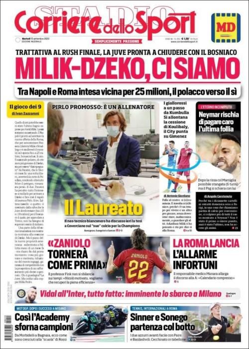 Portada CORRIERE DELLO SPORT 15 septiembre 2020