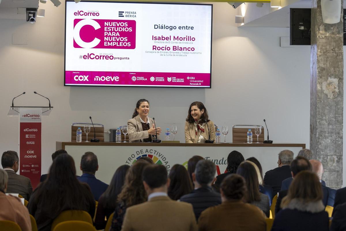De dcha. a izda.:  Rocío Blanco, consejera de Empleo, Empresa y Trabajo Autónomo de la Junta; Isabel Morillo, directora de El Correo de Andalucía.