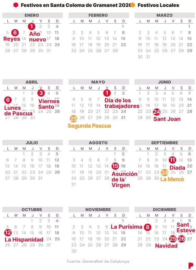 Calendario laboral de Santa Coloma de Gramenet de 2026 (con todos los festivos)