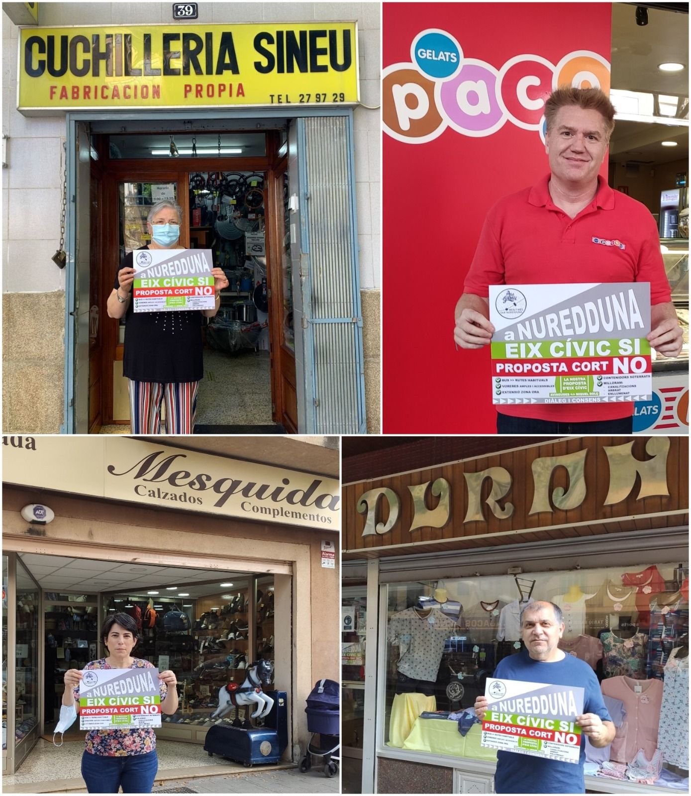 Propietarios de comercios emblemáticos de Pere  Garau posan con un cartel de la campaña frente a sus establecimientos.