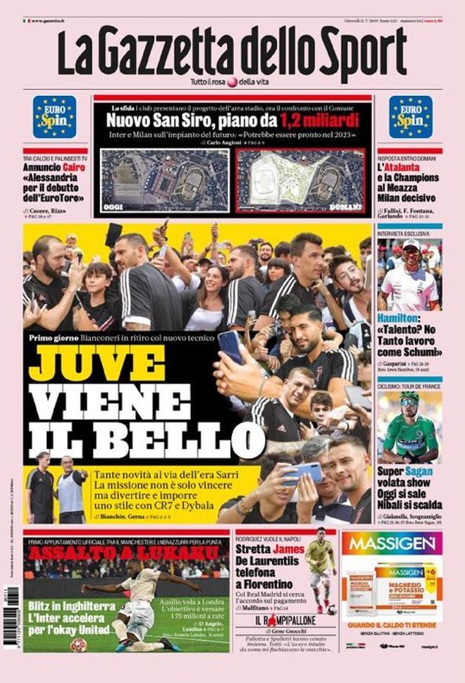 Portada de La Gazzetta dello Sport del jueves 11 de julio de 2019