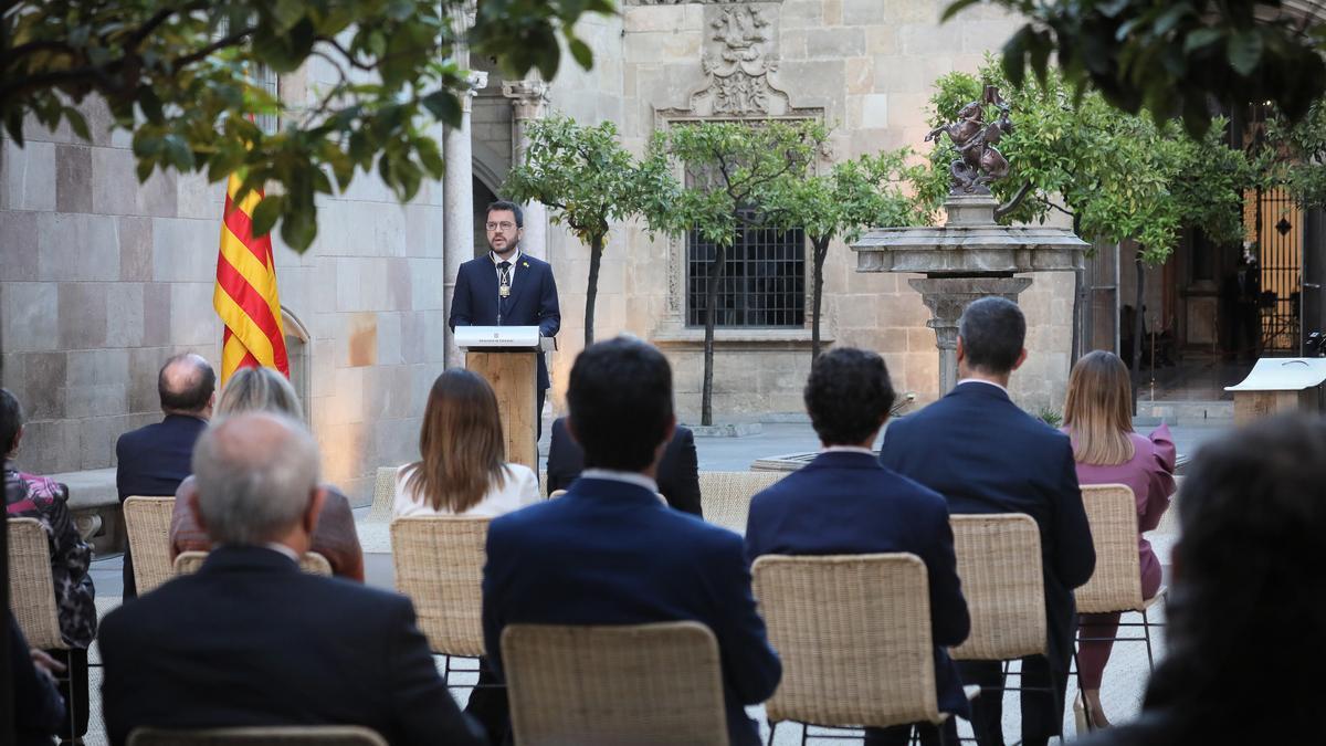 El president de la Generalitat, Pere Aragonès, en el seu discurs d&#039;investidura al Pati dels Tarongers.