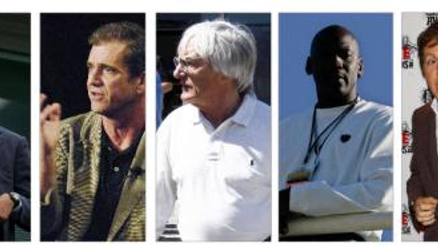 Tiger Woods, Roman Abramovich, Mel Gibson, Bernie Ecclestone, Michael Jordan, Paul McCartney y Silvio Berlusconi.