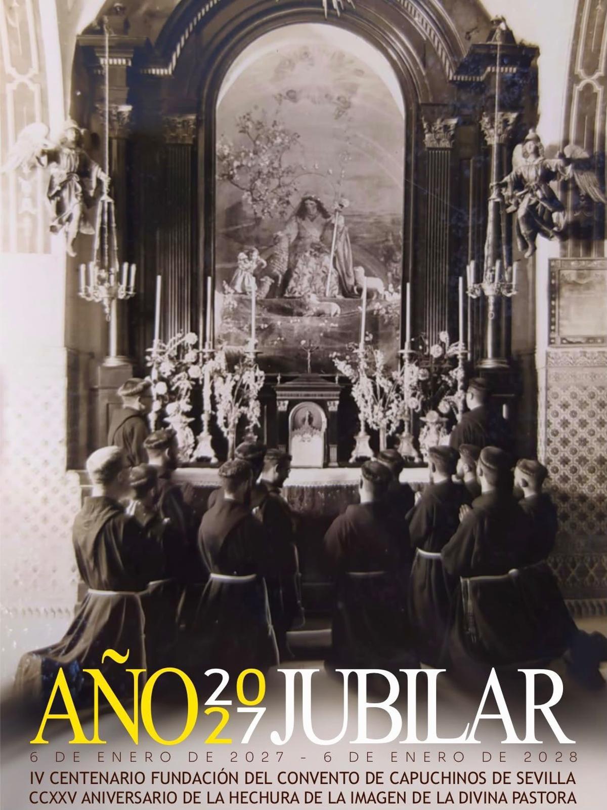 El cartel del próximo año jubilar de la Divina Pastora de Capuchinos de Sevilla en 2027.