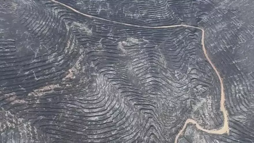 Un vídeo aéreo muestra el estado de la Serra d’Espadà tras el incendio