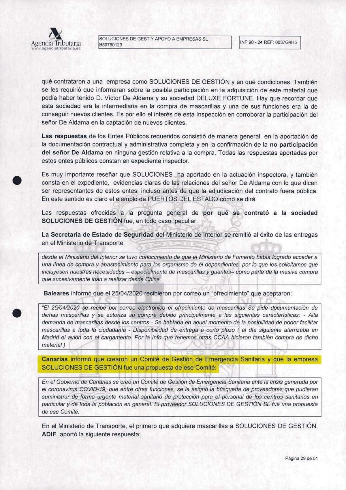 Informe de la Agencia Tributaria incluido en el sumario del caso Koldo donde aparece que Canarias informó de que el origen de los contratos estaba en el comité que presidía Ángel Víctor Torres.