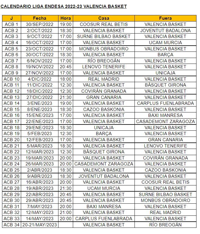 Calendario liga valencia 2022 23