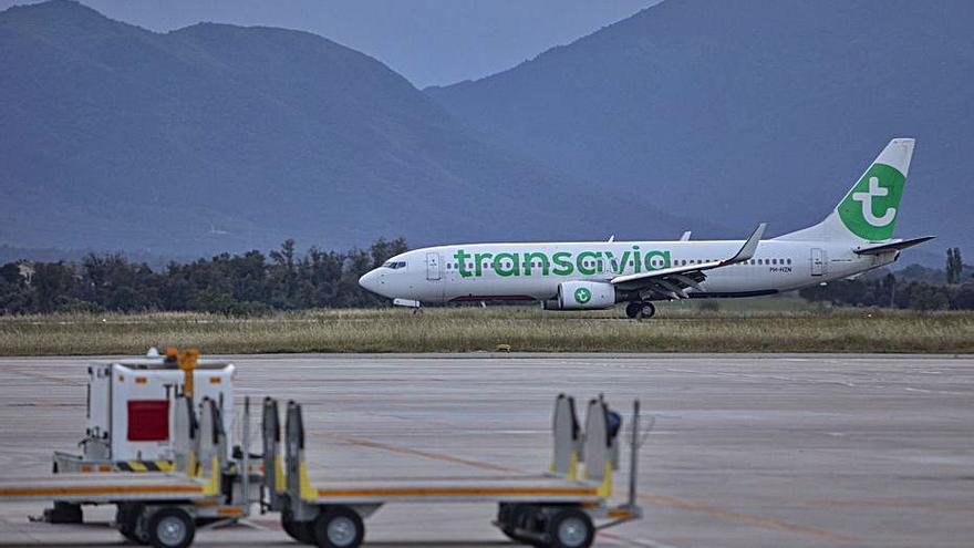 Un avió de Transavia, aturat a l’aeroport de Girona.  | DAVID APARICIO