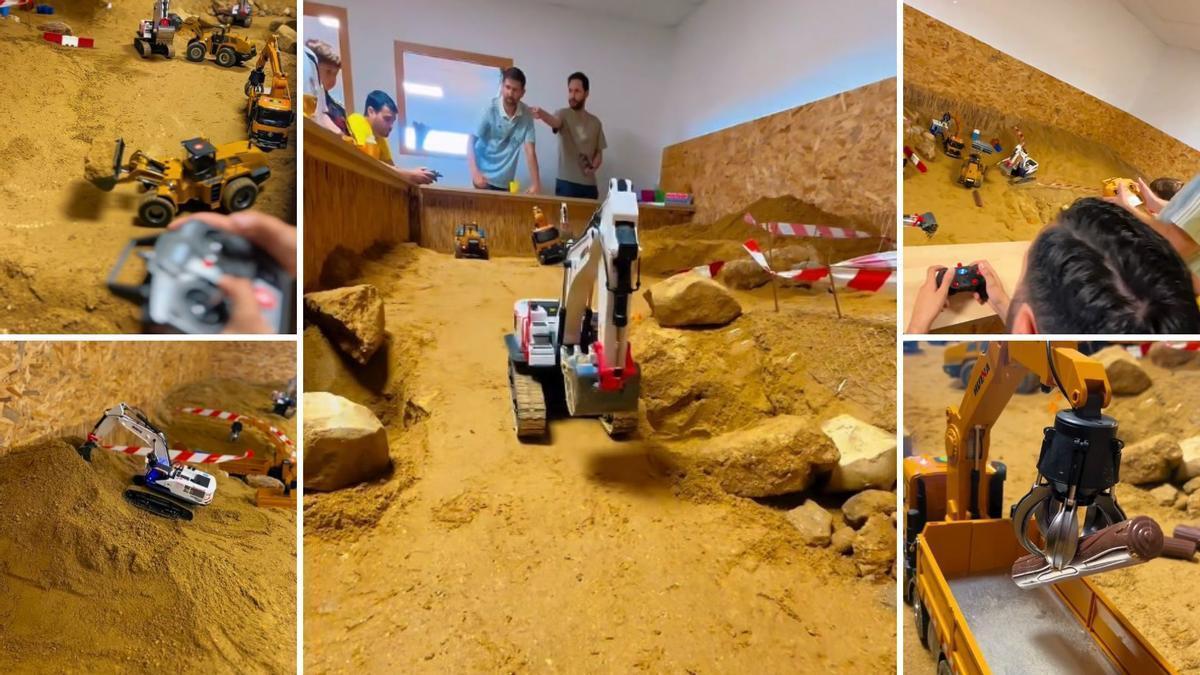 Jugar a manipular excavadoras en miniatura en una obra con control remoto.