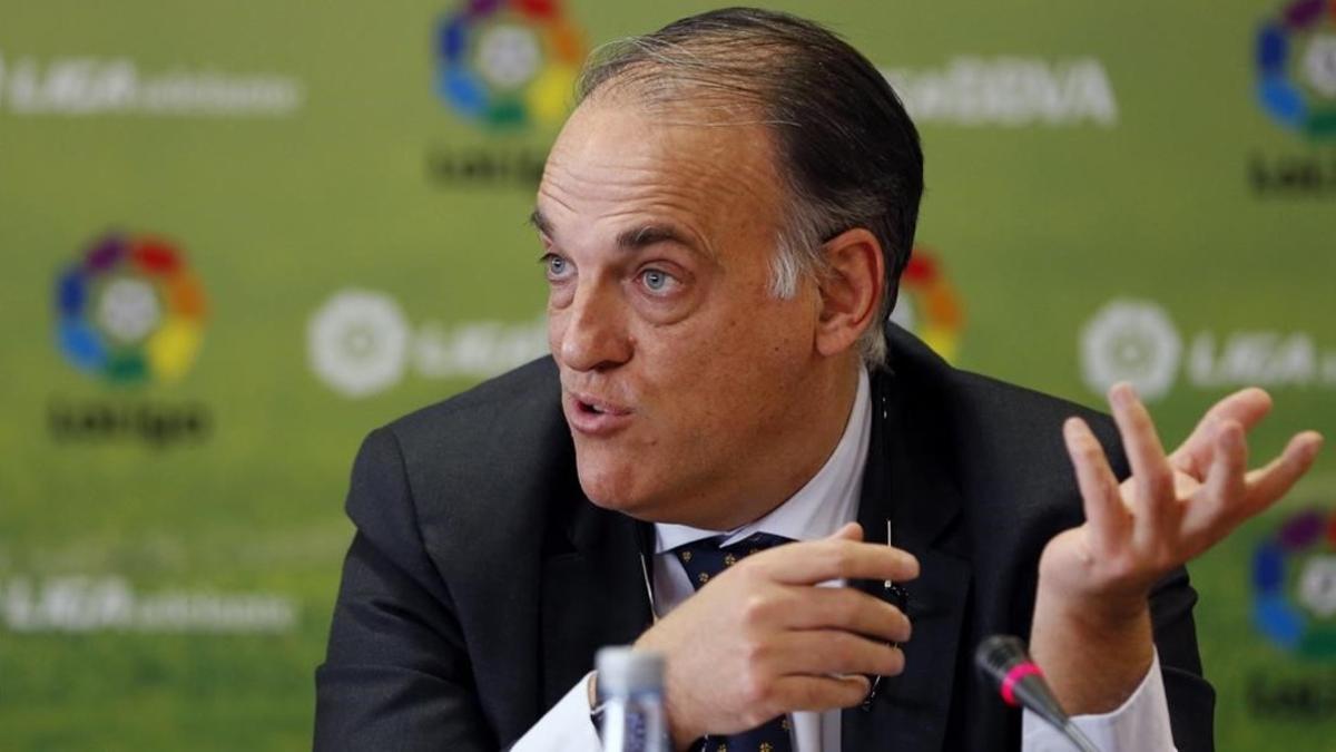 El presidente de la Liga Profesional, Javier Tebas, en un acto en febrero pasado.