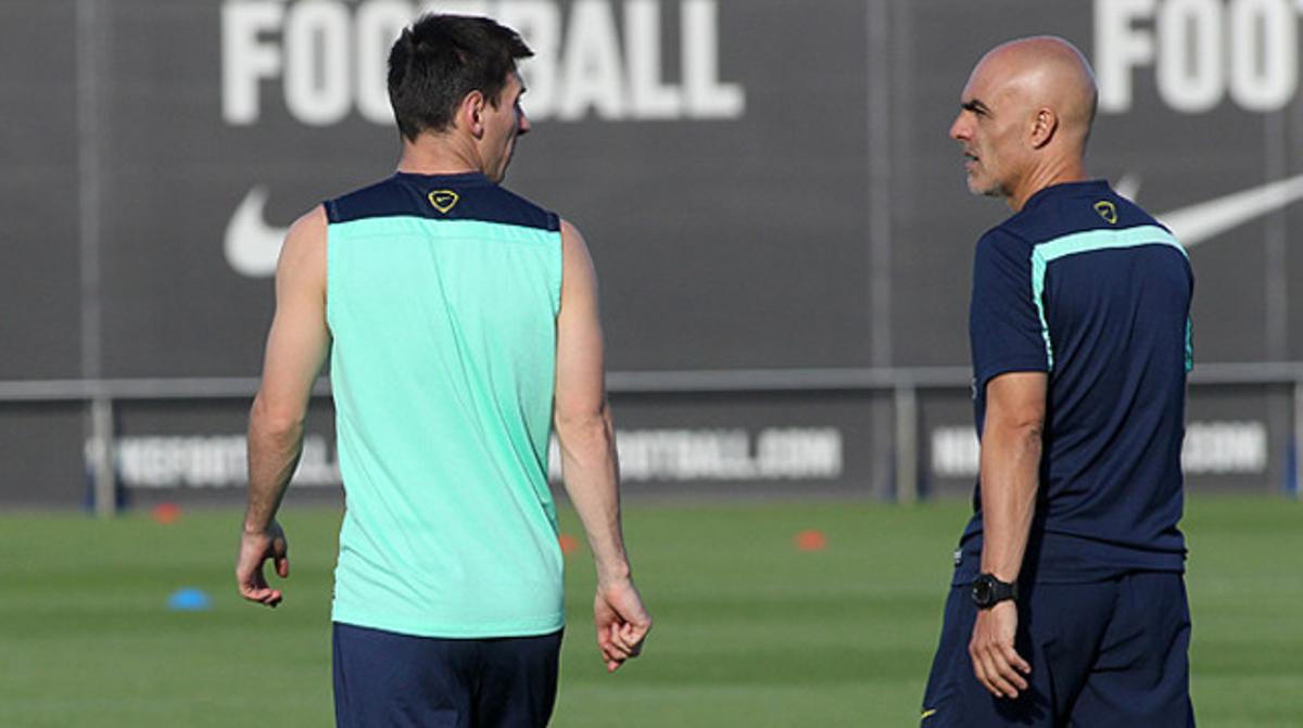 Leo Messi i Juanjo Brau, durant un entrenament. Leo Messi i Juanjo Brau, durant un entrenament.