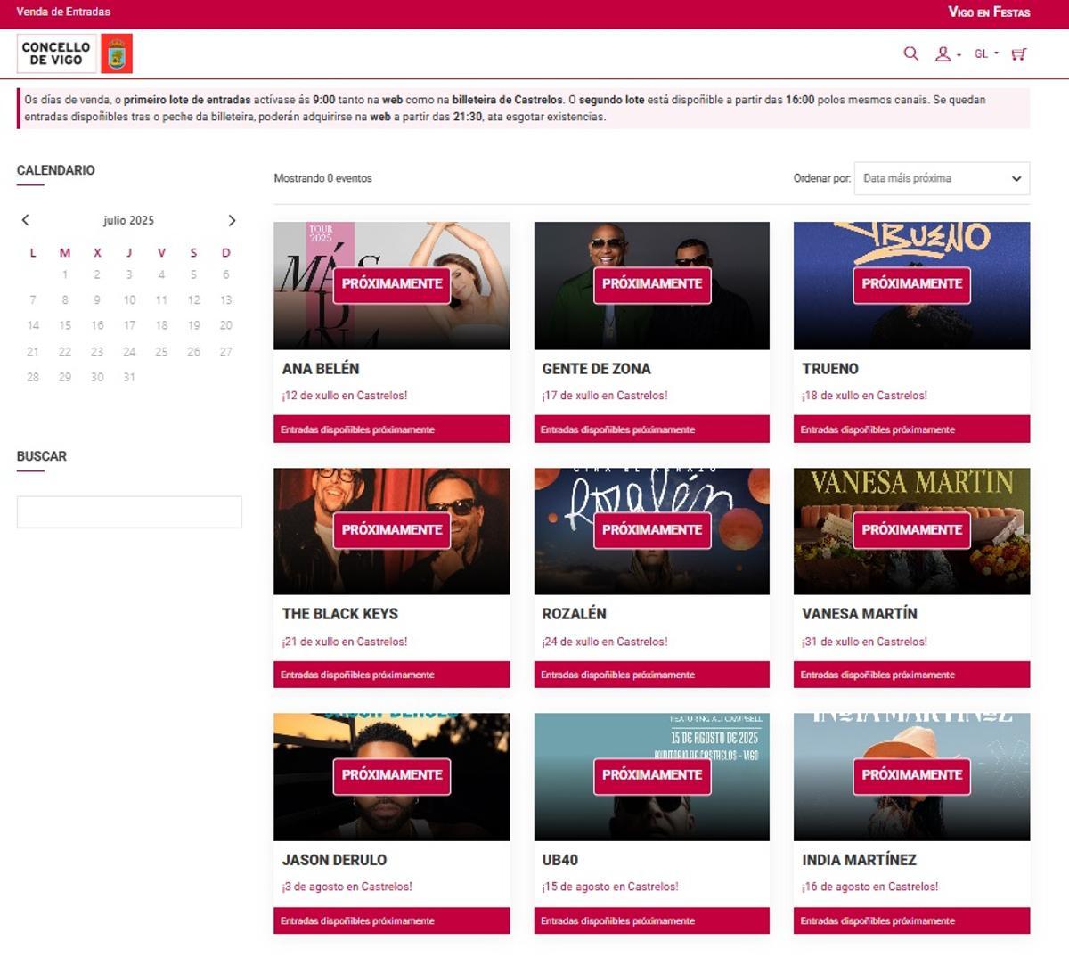 Página web oficial del Concello de Vigo para la venta de entradas de los conciertos de Castrelos 2025.