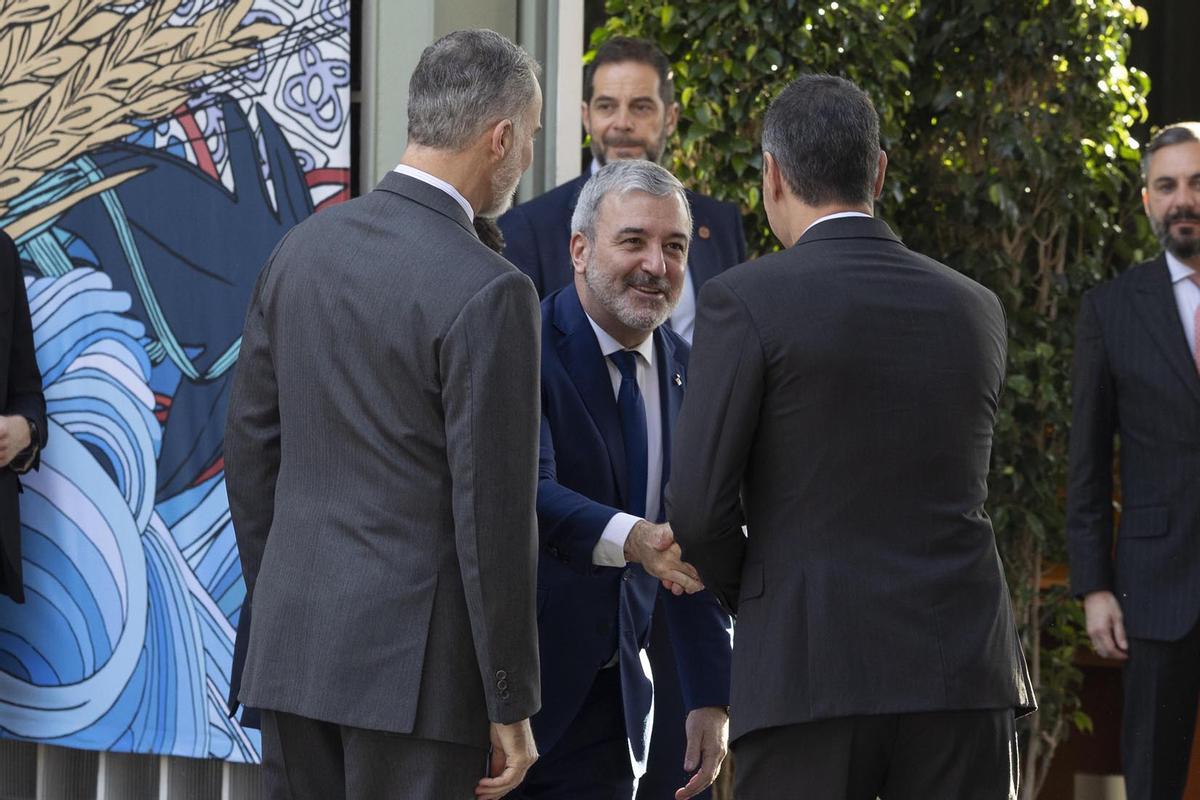 El Rey Felipe VI , Pedro Sánchez , y autoridades, asisten al acto de inauguración del MWC Barcelona 2024.