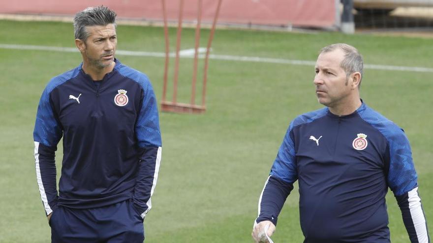 Fabián Rivero amb Pep Lluís Martí durant un entrenament a Montilivi