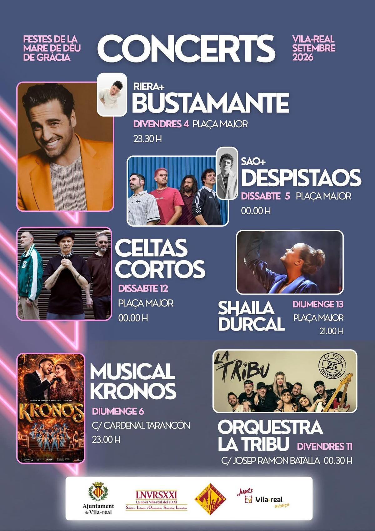 Aquest és el cartell amb els concerta i actuacions musicals de les festes de la Mare de Déu de Gràcia de 2026.