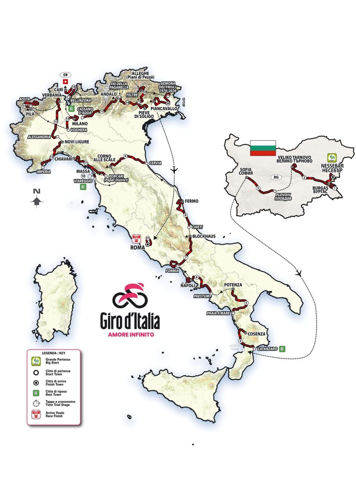 El mapa del Giro 2026.