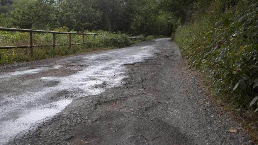 Estado de conservación de la carretera a Meruxal, en Laviana.