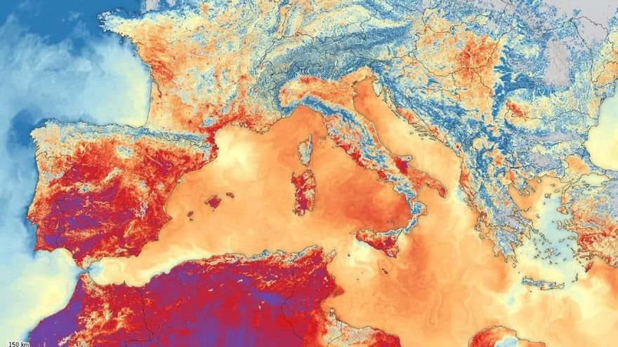 La ola de calor, vista desde el espacio: el suelo se abrasa en Madrid, con 45 grados, y en de Sevilla, con más de 50