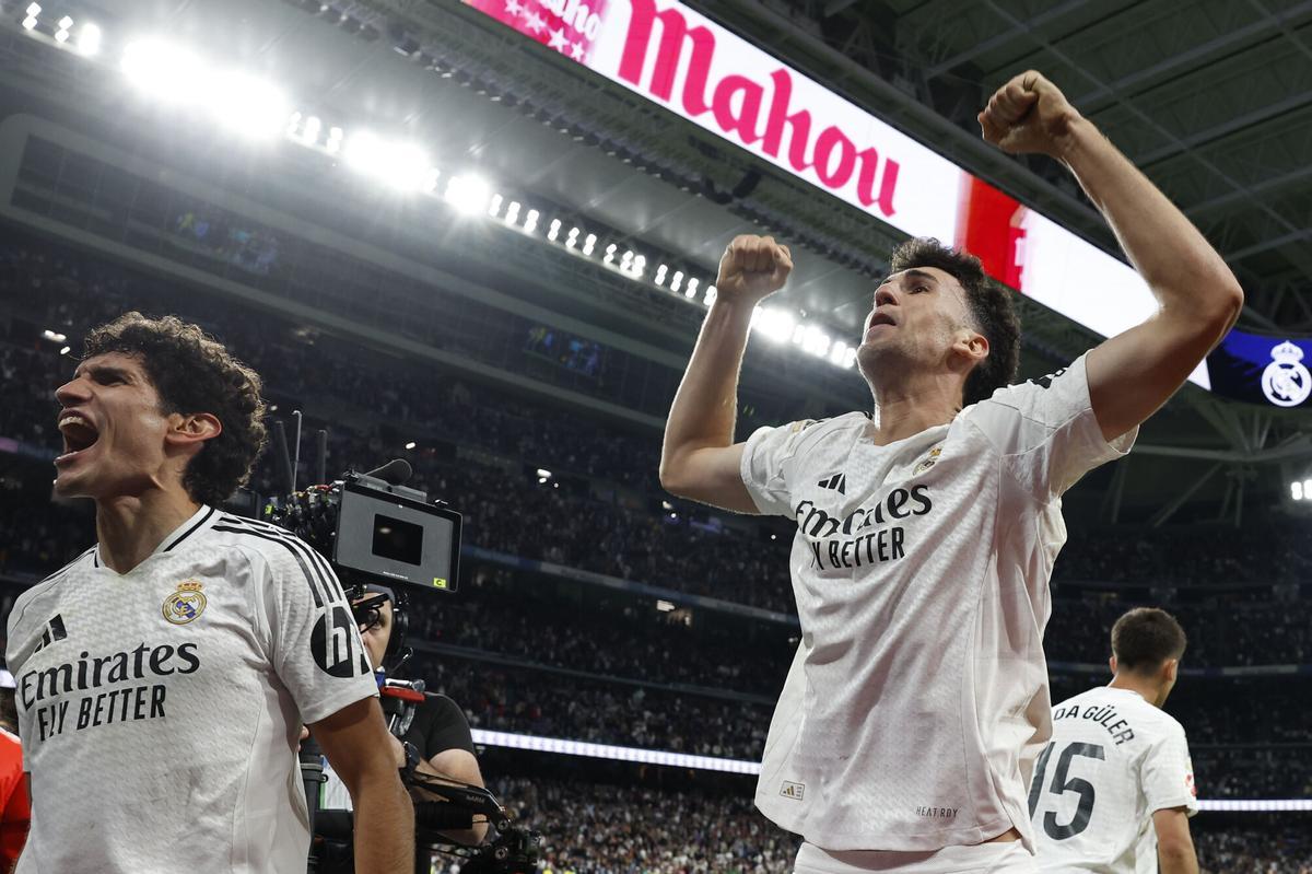 Jacobo Ramón celebrates the second goal against Mallorca, during the Real Madrid and the Balearic Islands match