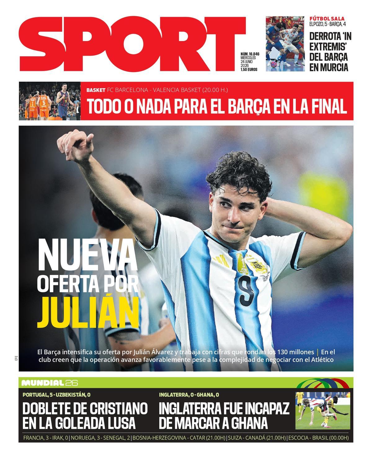 Esta es la portada de SPORT de hoy miércoles, 24 de junio de 2026