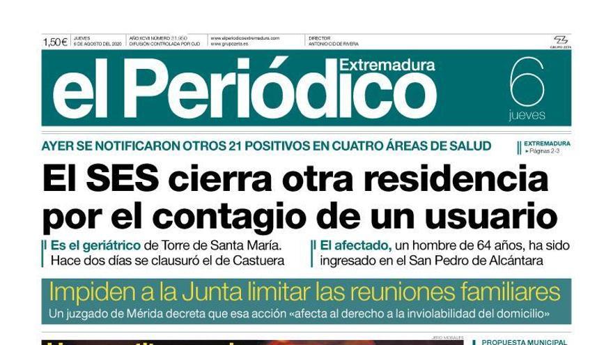 Esta es la portada de EL PERIÓDICO EXTREMADURA correspondiente al día 6 de agosto del 2020