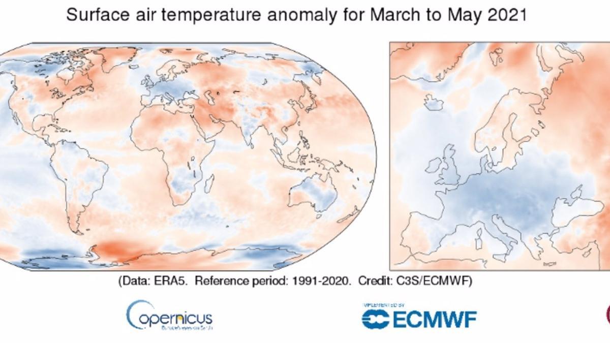 Anomalía de la temperatura del aire en superficie para la primavera de 2021.