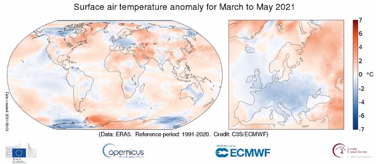 Anomalía de la temperatura del aire en superficie para la primavera de 2021.