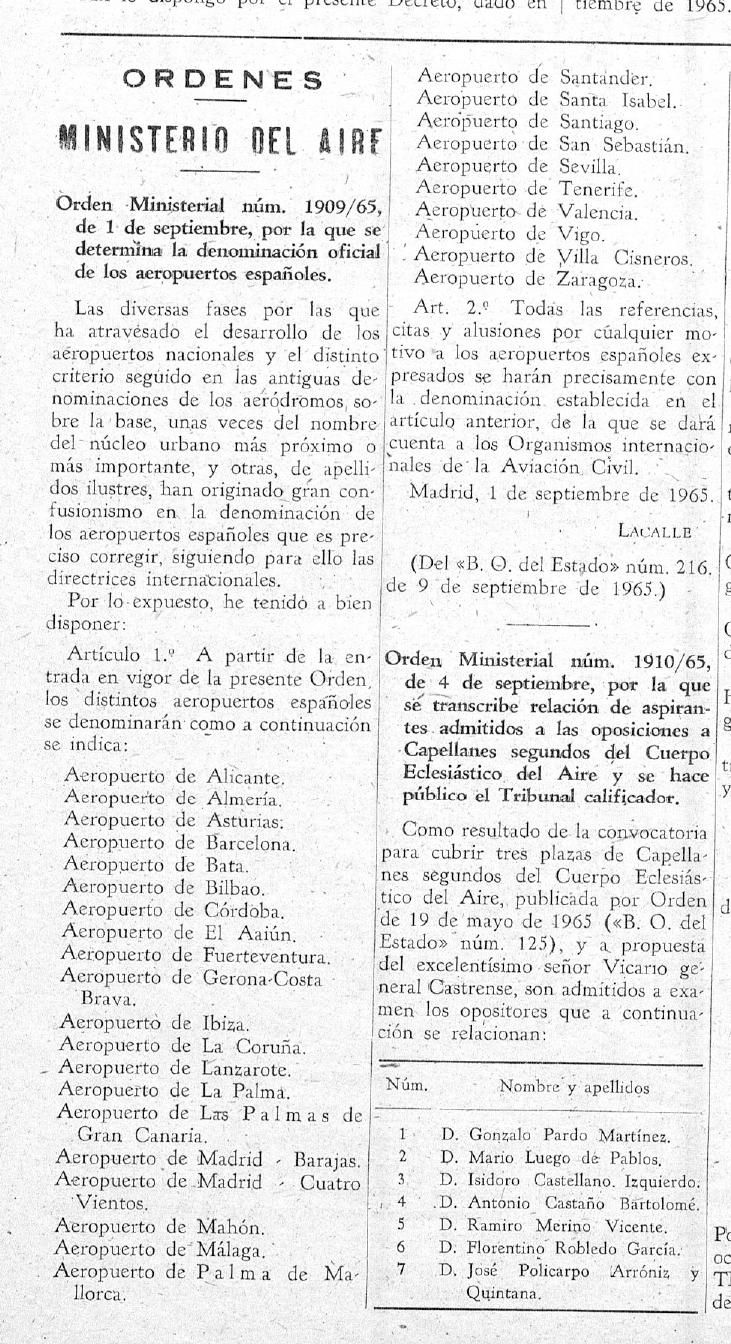 Orden del Ministerio del Aire de septiembre de 1965 por la que se aprueba la denominación oficial de los aeropuertos españoles
