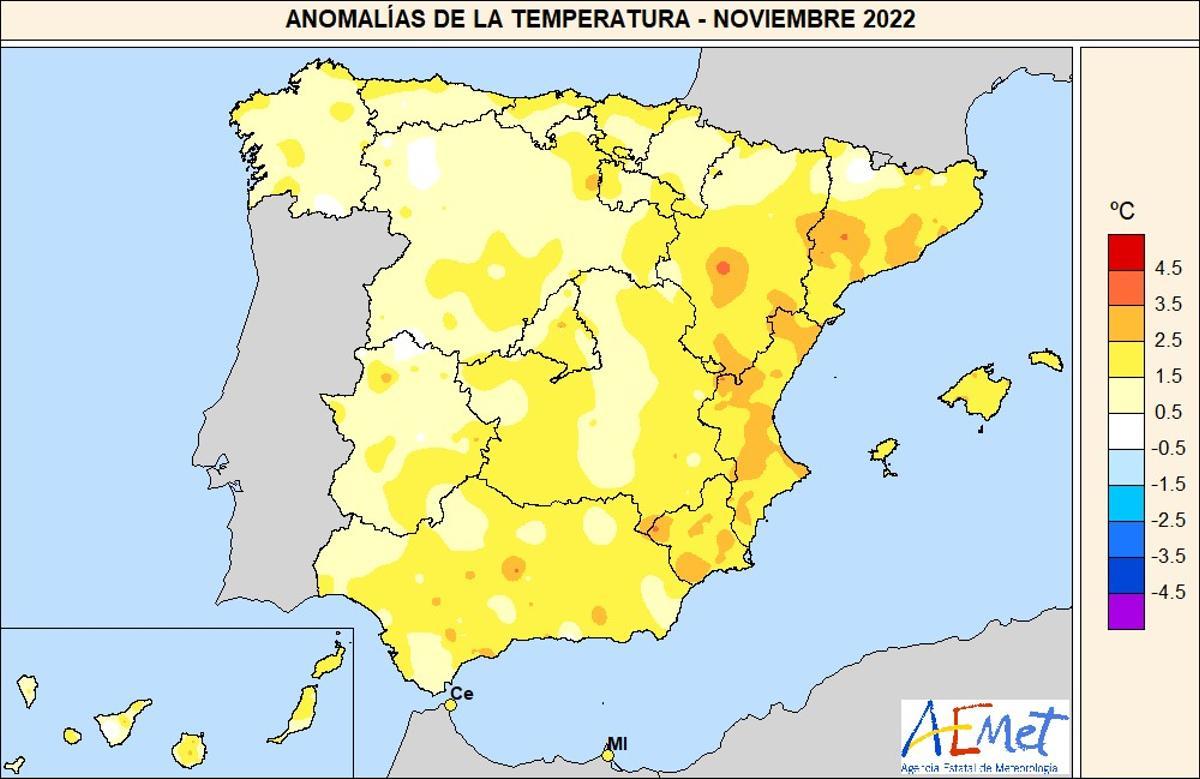 Anomalías de la temperatura en el pasado mes de noviembre en España.