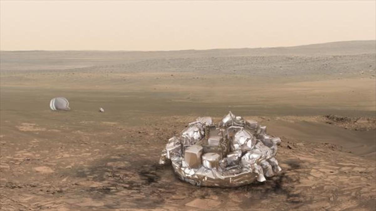 Recreación ficticia del 'Schiaparelli' en la superficie de Marte.