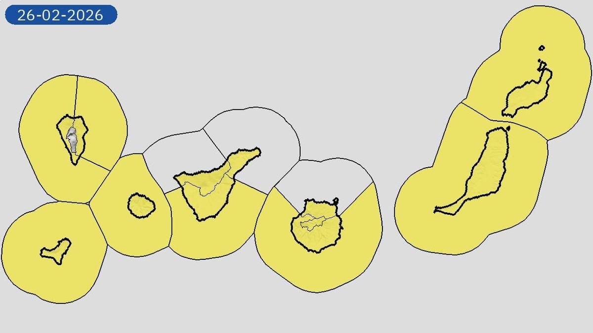 Avisos amarillos de la Aemet por lluvias, fenómenos costeros, vientos y tormentas para el 26 de febrero de 2026 en Canarias