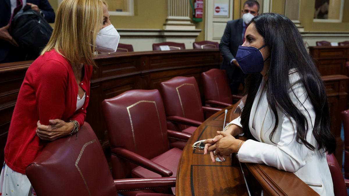 La portavoz del Partido Popular, Australia Navarro (i) conversa con la portavoz del Grupo Mixto, Vidina Espino (d) durante el pleno del Parlamento de Canarias celebrado este miércoles.