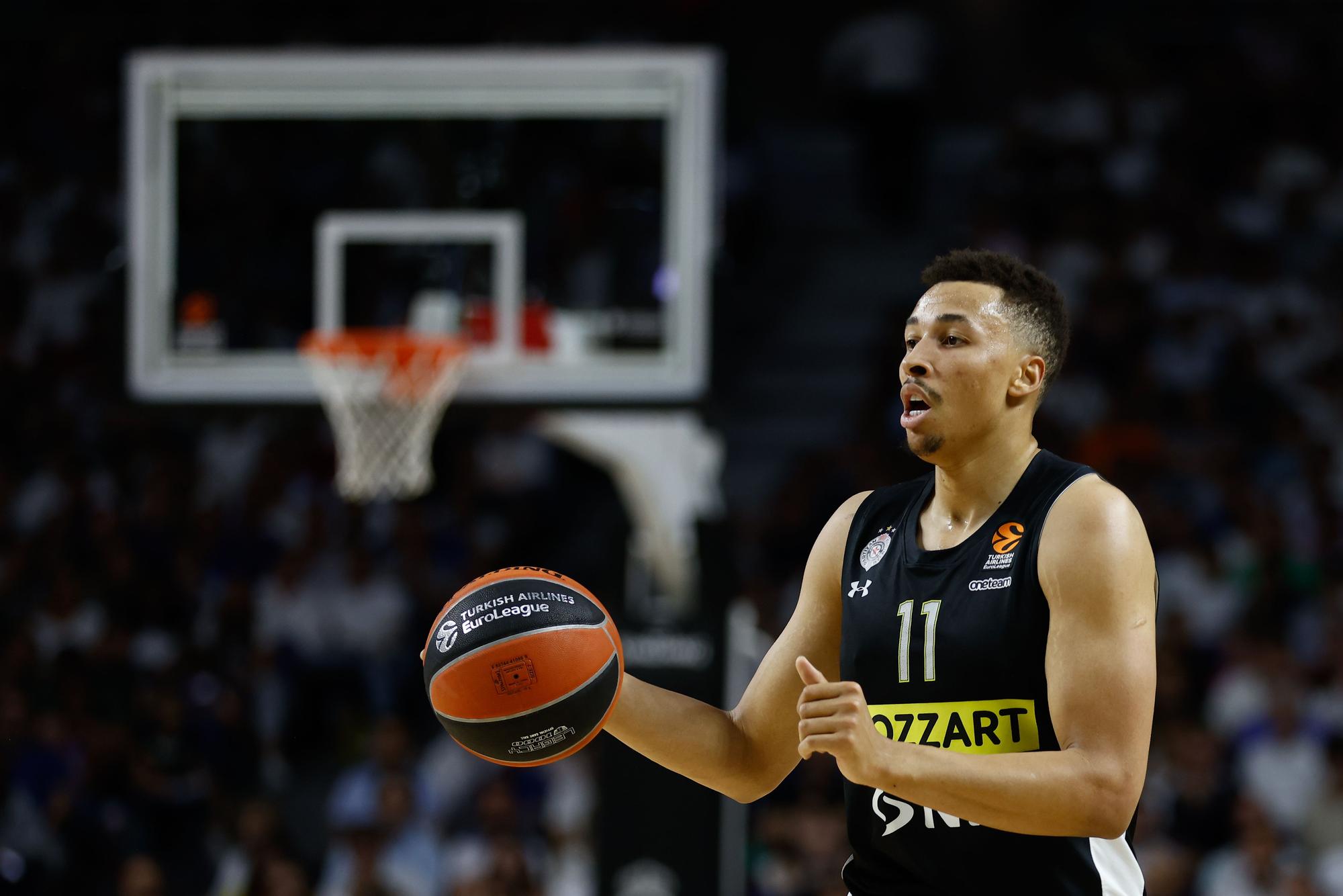 Dante Exum of Partizan in action during the Turkish Airlines Euroleague, Playoff C, basketball match played between Real Madrid and Partizan Mozzart Bet Belgrade Roster at Wizink Center pavilion on May 10, 2023 in Madrid, Spain.
