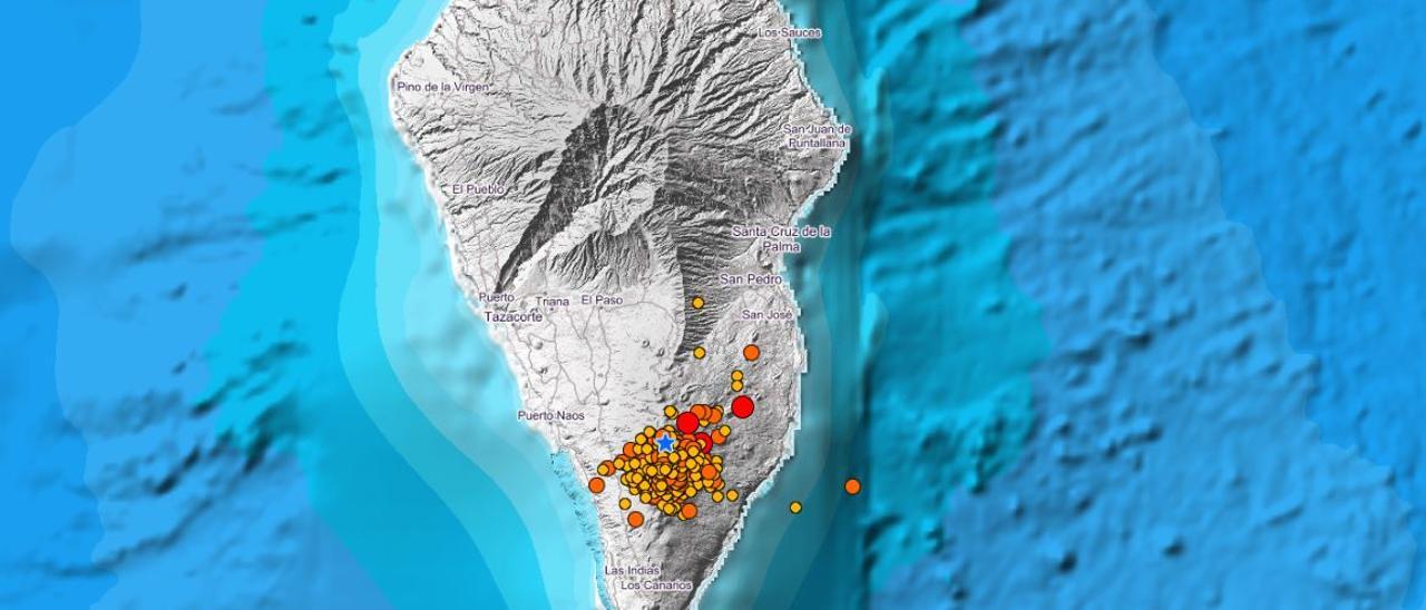 Localización de los terremotos registrados en La Palma durante los últimos tres días.