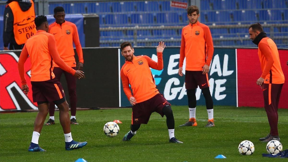 Messi, en el entrenamiento del Barça en el Estadio Olímpico de Roma.