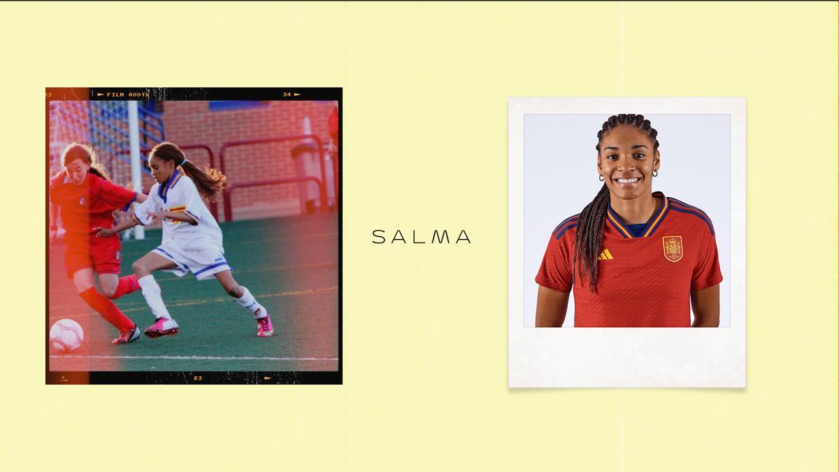Salma Paralluelo, a la izquierda en sus inicios como futbolista en Aragón y a la derecha como jugadora de la selección española.