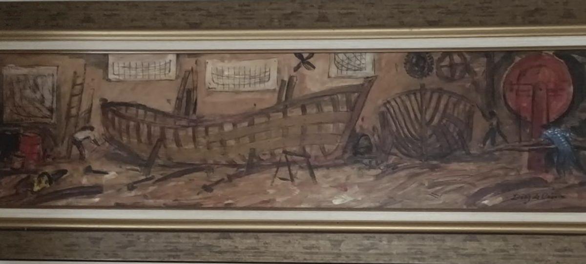 Por la izquierda, el cuadro en el que Roberto Díaz de Orosia recordaba su paso por los astilleros; el artista dibujando la playa de San Lorenzo desde su estudio de la avenida Constitución, y junto a algunos de sus cuadros en una exposición en Oviedo.  | MIKI LÓPEZ