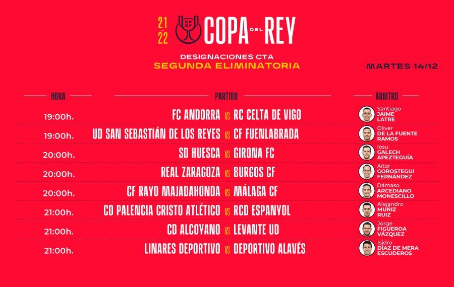 Designaciones segunda eliminatoria de la Copa del Rey.