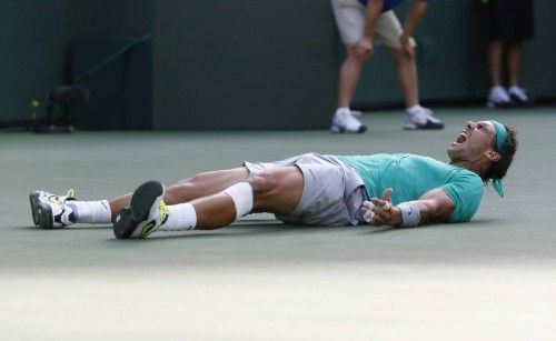 Nadal celebrates defeating Del Potro in BNP Paribas Open ATP tennis tournament in California