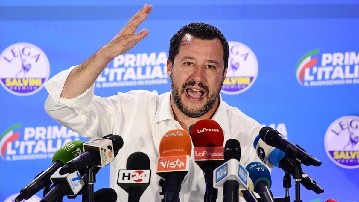 El primer ministro italiano, Matteo Salvini, durante una rueda de prensa en la sede de la Liga, este lunes.