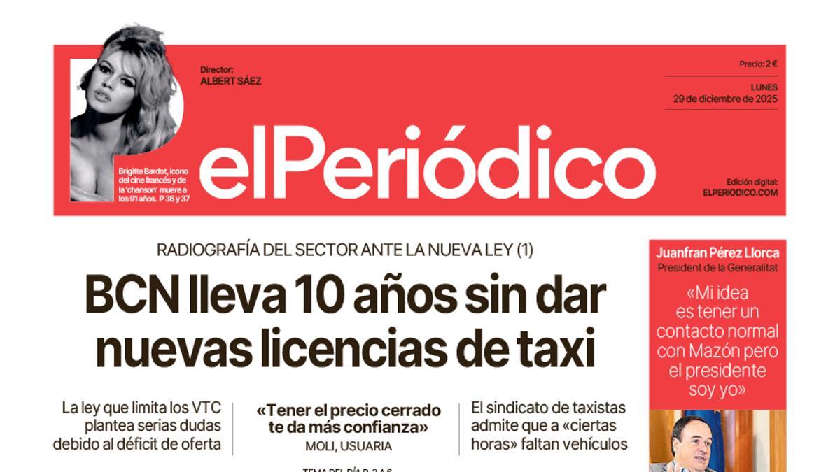 La portada de EL PERIÓDICO del 29 de diciembre de 2025
