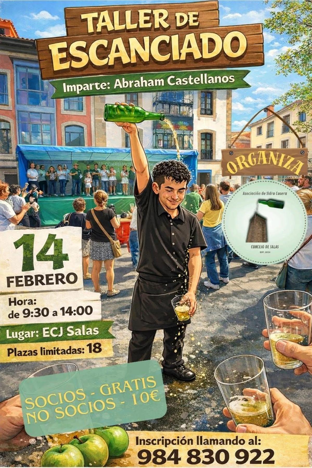 Cartel promocional del taller de escanciado del 14 de febrero en Salas.