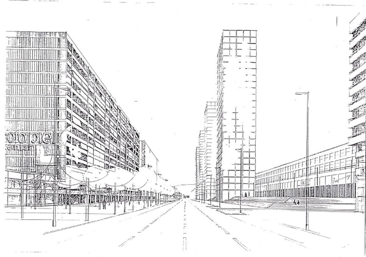Boceto de 1987 con las torres a la derecha y las viviendas a la izquierda en la calle Tarragona, de Barcelona.