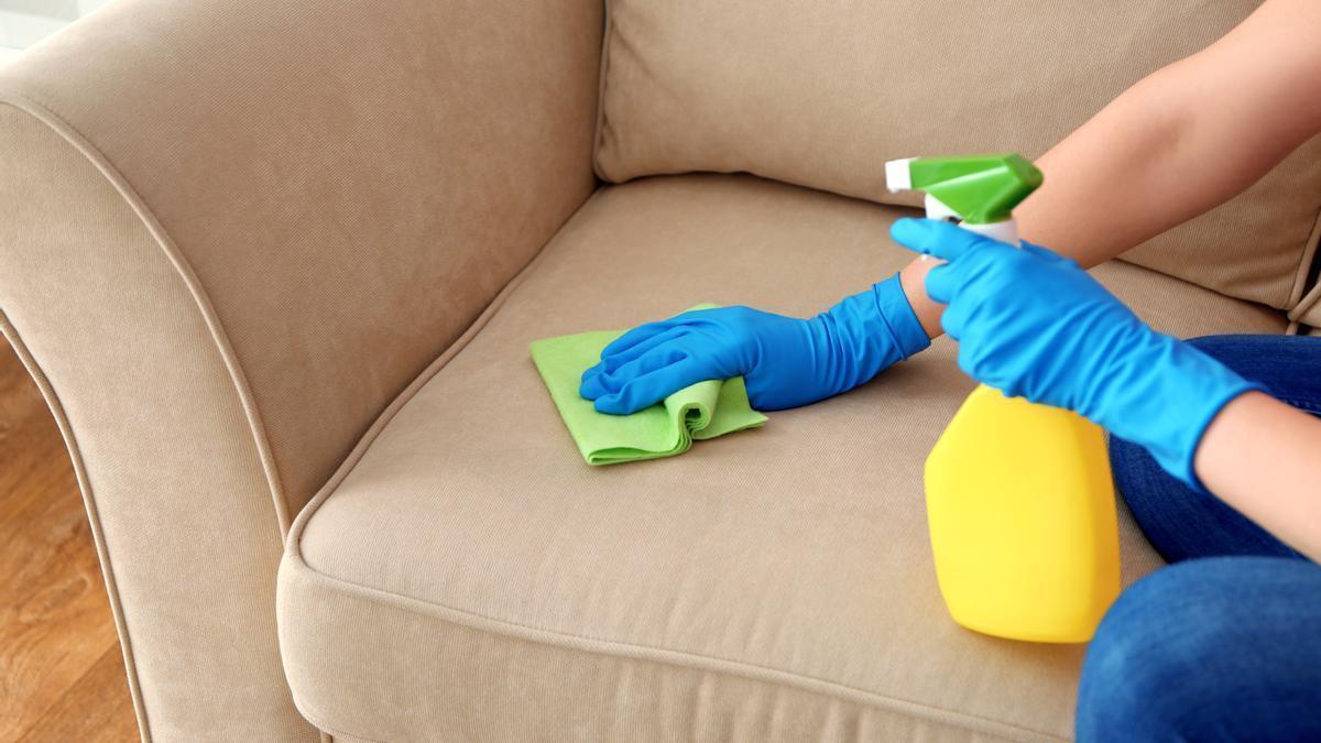 El limpiador del servicio de limpieza doméstica está eliminando la suciedad  y el polvo del sofá usando una máquina de extracción de limpieza en seco  línea en el sofá después de rociar
