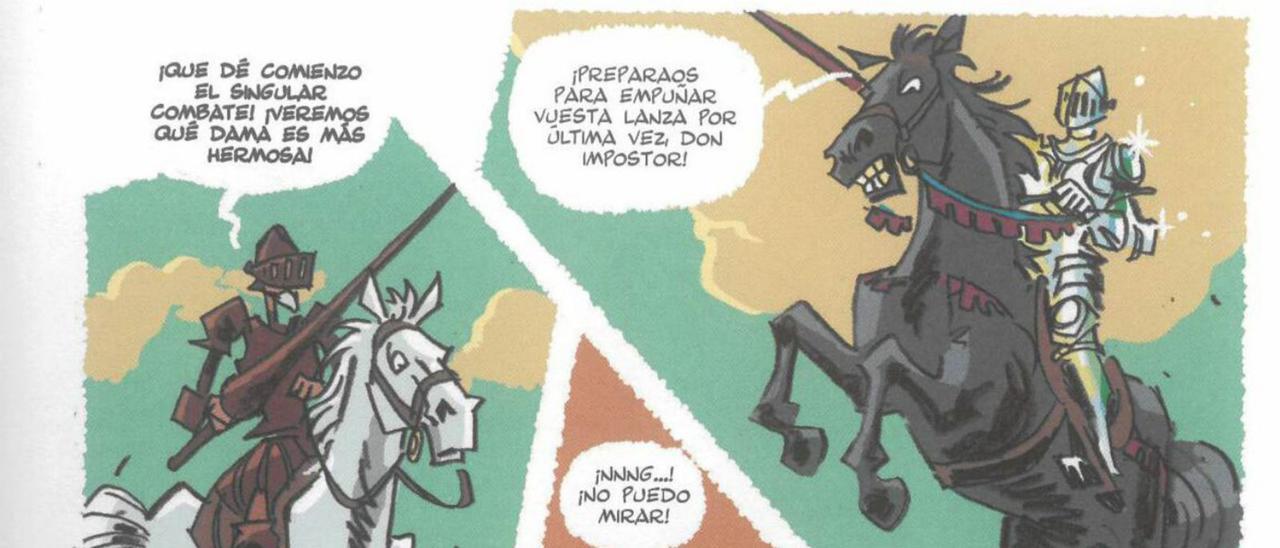 Página que recoge el momento en que don Quijote se enfrente a El Caballero de los Espejos, ante el estupor de Sancho. | |