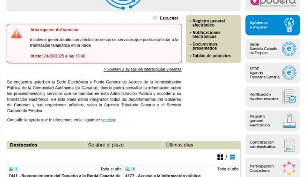 Mensaje insertado en la página de la Sede Electrónica.