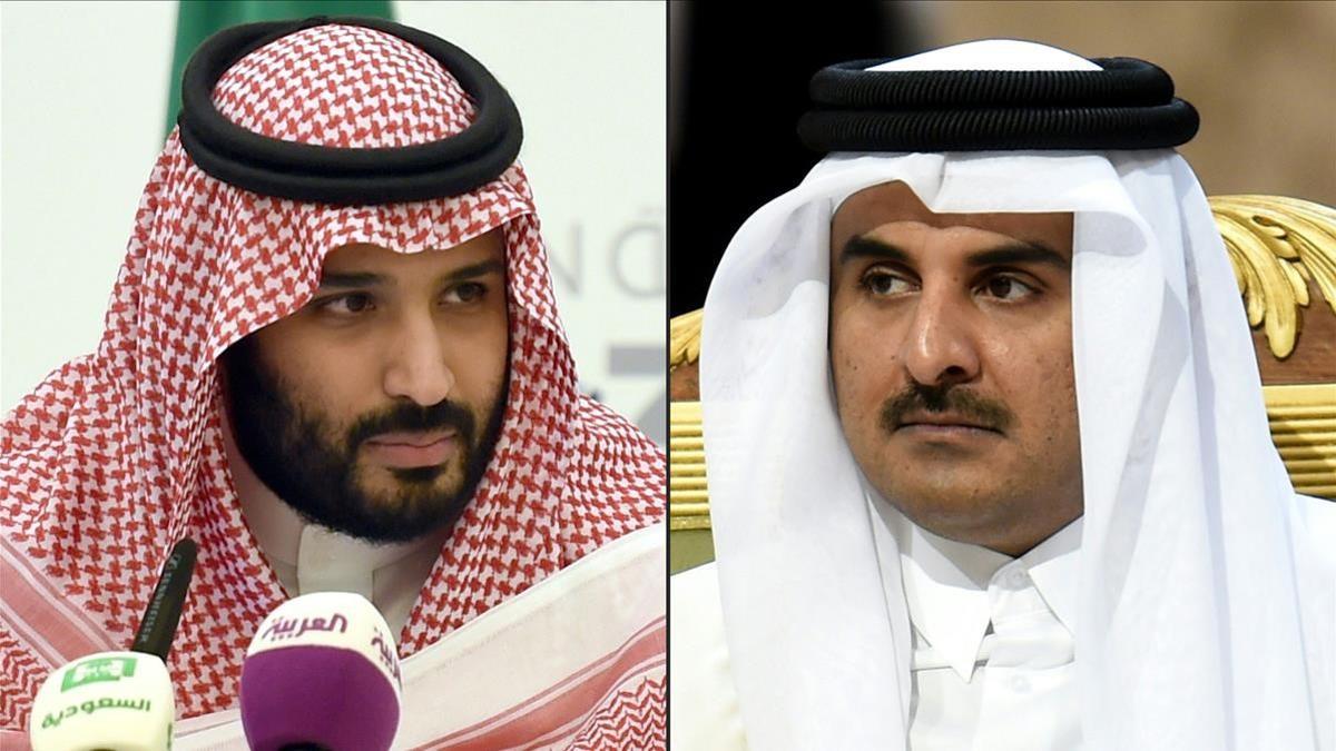 (FILES) In this file combination of pictures created on September 9  2017  then-Saudi Defence Minister and Deputy Crown Prince Mohammed bin Salman (L) attend a press conference in the capital Riyadh on April 25  2016  and Qatar s Emir Sheikh Tamim bin Hamad Al-Thani (R) attending the 136th Gulf Cooperation Council (GCC) summit in Riyadh on December 10  2015  - Saudi Arabia will reopen its borders and airspace to Qatar  the Kuwaiti foreign minister said on January 4  2021  more than three years after Riyadh sealed both and led an alliance to isolate Doha  The bombshell announcement came on the eve of a six-nation Gulf Cooperation Council (GCC) annual summit in the northwestern Saudi Arabian city of Al-Ula  at which the dispute was already set to top the agenda  (Photos by Fayez Nureldine   AFP)