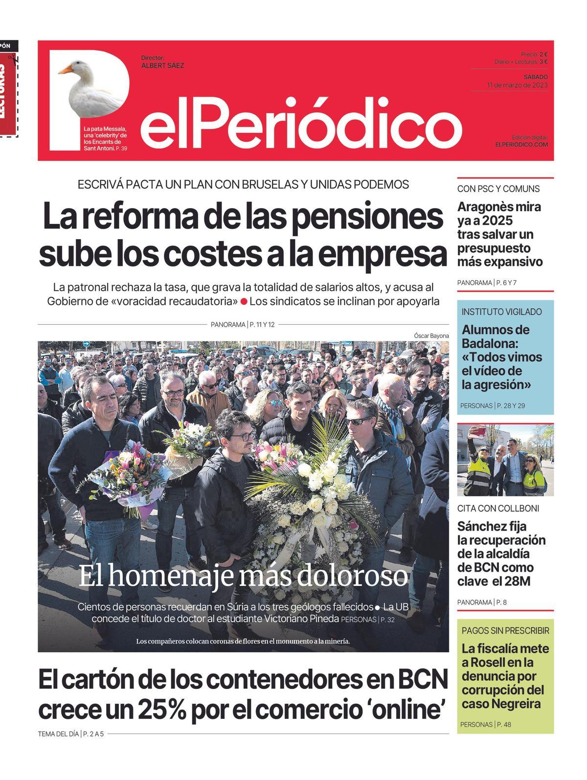 La portada d’EL PERIÓDICO de l’11 de març del 2023